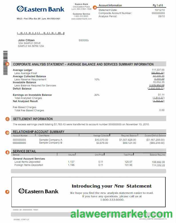 USA Eastern Bank statement Word and PDF template w